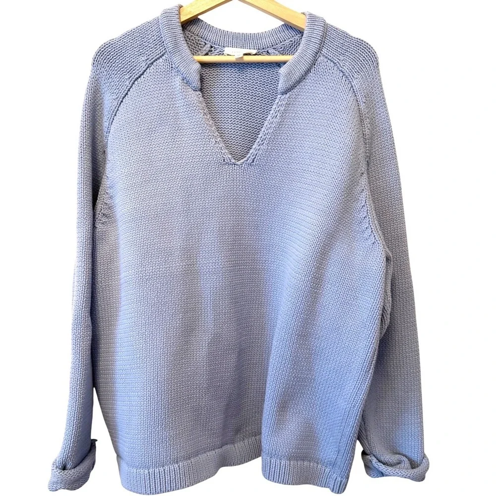 Haven Well Within Light Blue Notch V-Neck Organic Cotton Shaker Knit Sweater XXL - Picture 2 of 9
